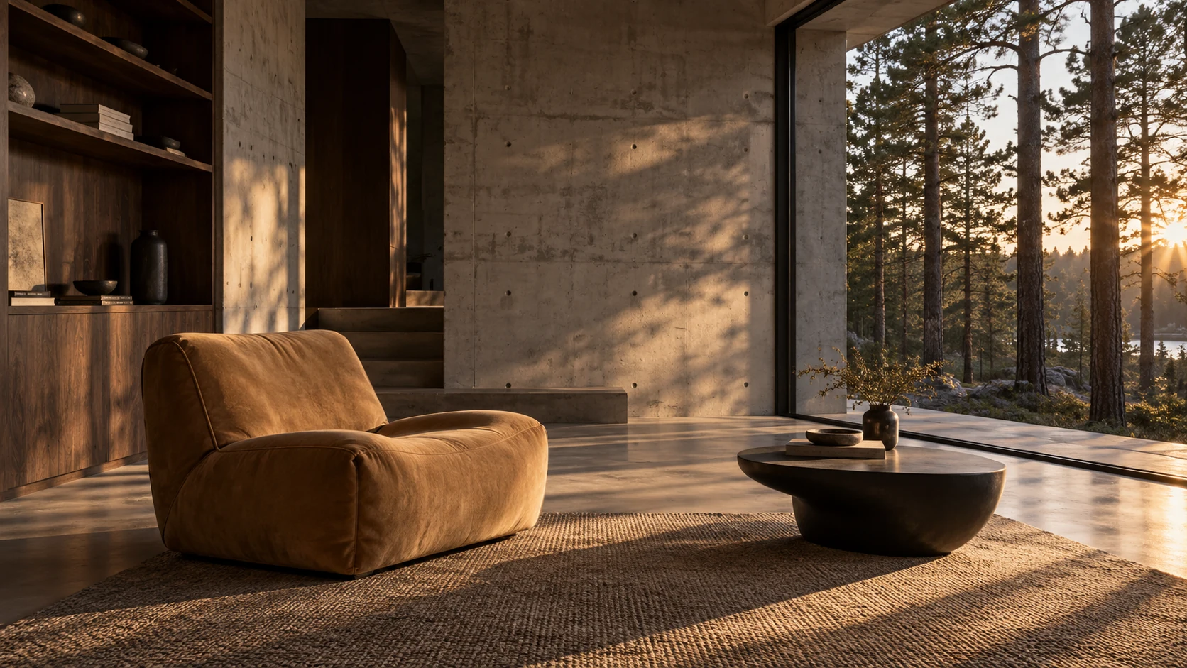 Sunlight entering a concrete listening room, with a camel lounge chair, walnut shelves, and a forest view